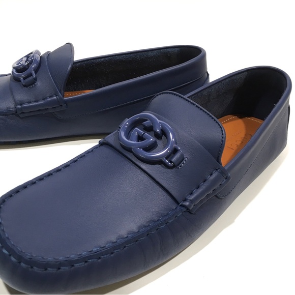 GUCCI INTERLOCKING G DRIVING MOCCASINS -INDIGO BLUE CALF LEATHER -MEN US 13 -NEW - Picture 6 of 9